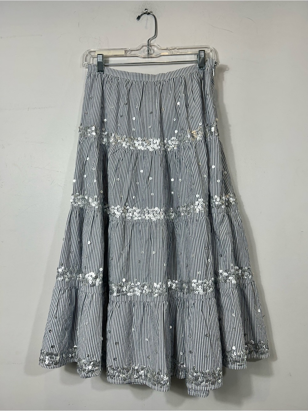 Rose and Rose Striped Sequin Tiered Maxi Skirt Blue White Cotton Boho Size XS - Picture 2 of 9